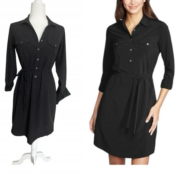 Eddie Bauer Black Belted Stretch Button Shirt Dress Size Small Roll-Tab Sleeves - Picture 1 of 12